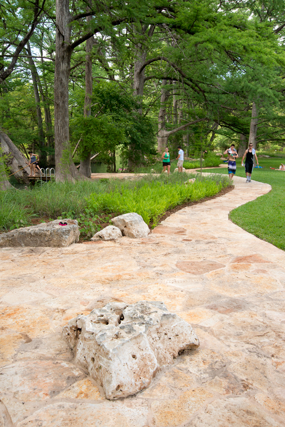 Reuse of on-site materials in the new design for Blue Hole’s swimming area and park in Wimberley, TX resulted in hundreds of thousands in cost savings. Image: D.A. Horchner/Design Workshop