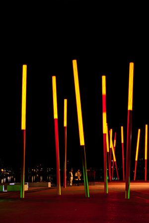 Grand Canal Square, designed by leading international landscape architects and urban designers Martha Schwartz Partners at night time on August 23, 2011 in Dublin, Ireland; credit matthi  shutterstock.com
