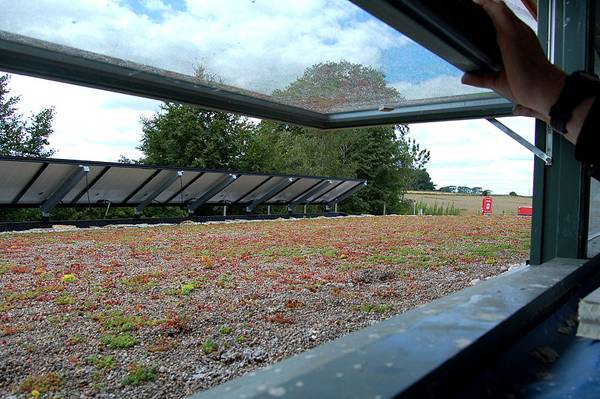 Extensive Green Roof - Green roof with Sedum plants and solar panels at The Green Shop, Bisley, Gloucestershire, UK. Credit: By thingermejig; CC-by-sa-2.0