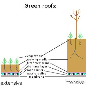Intensive / extensive green roofs. Credit: CC BY-SA 4.0 by KVDP 