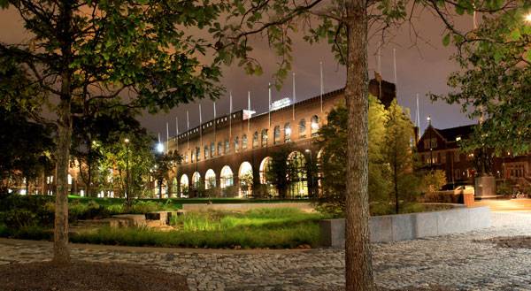 View of the rain garden at night. Photo credit Andropogon.