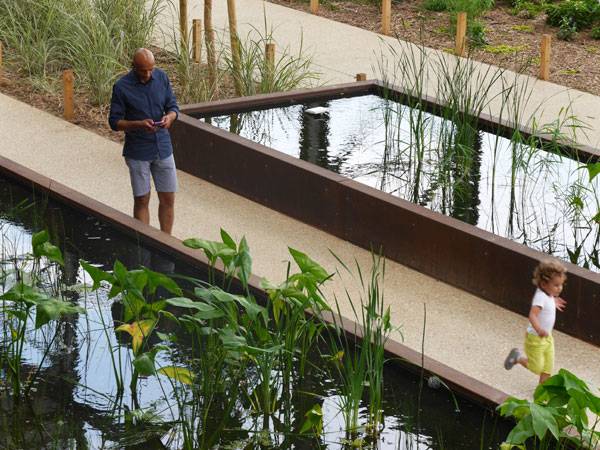 The aquatic gardens and the planted strips. Image courtesy of Atelier De Paysages Et D'Urbanisme