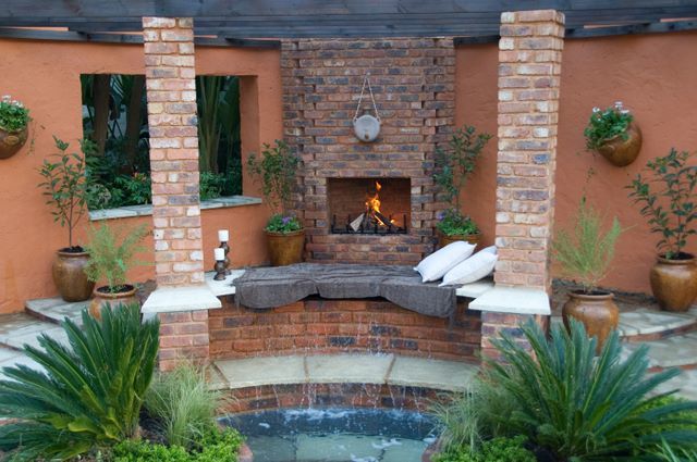 Water feature and outdoor fireplace