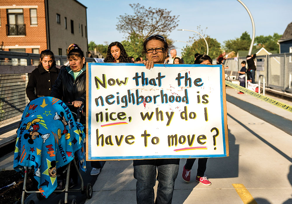 Protest against gentrification and displacement on trail 606 in Chicago in 2016. Photo by Tyler Lariviere.