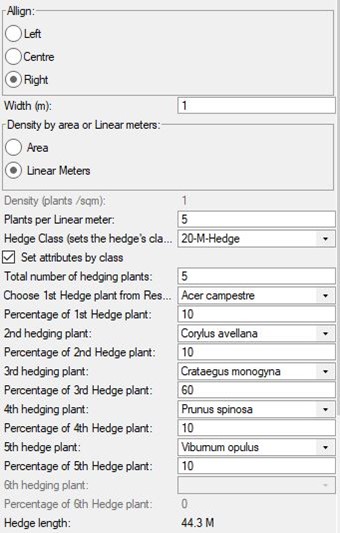 The interface for FPCR’s Hedge tool, which can specify mixed hedgerows by linear meter.