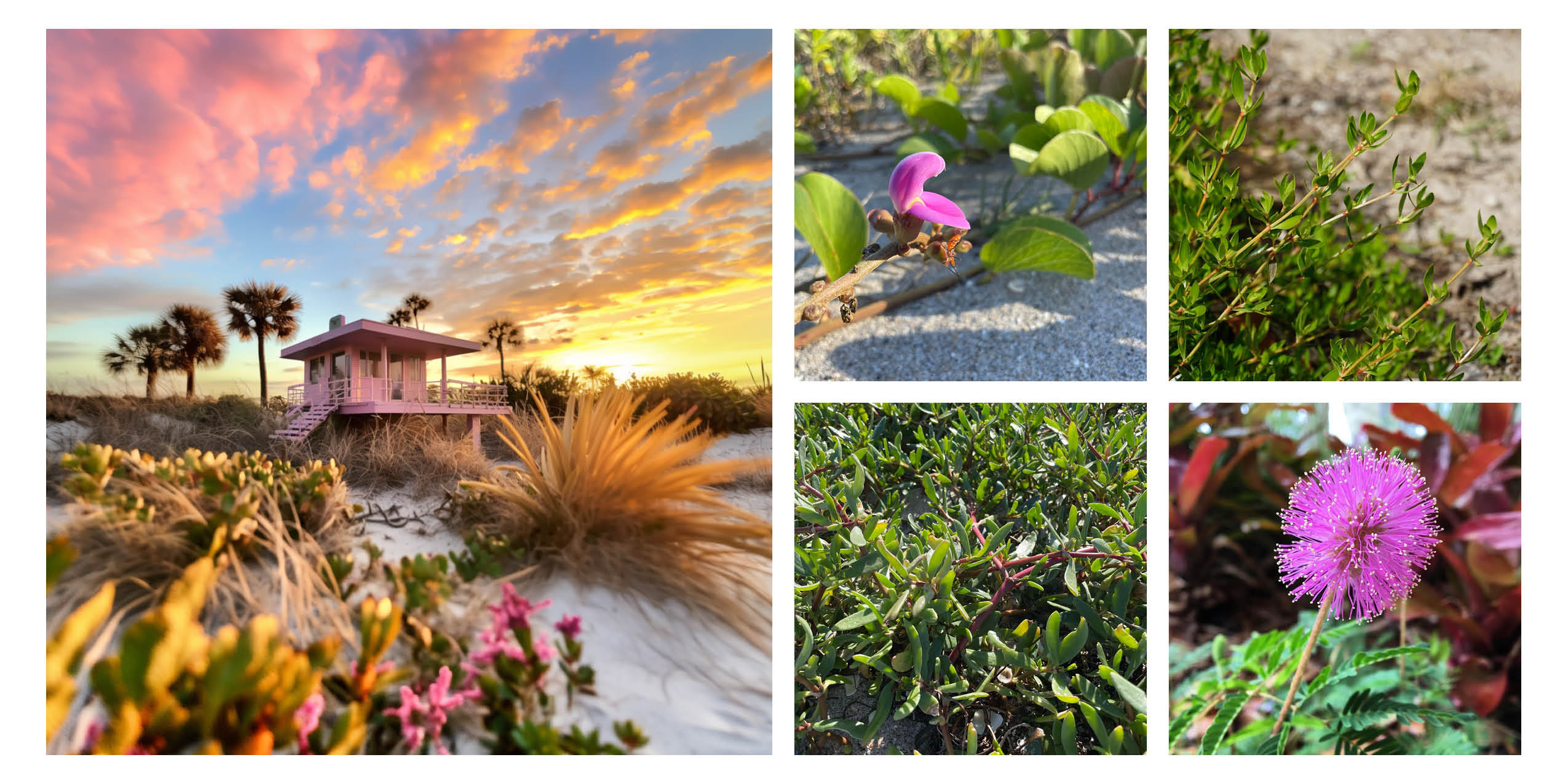 Cadence envisioned a fantastical beach cottage - and explained the Florida native plants that they'd use to actually create this landscape. Plant (starting upper left, clockwise): Baybean (Canavalia rosea), Beach Creeper (Ernodea littoralis), Sunshine Mimosa (Mimosa strigillosa), Pink Purslane (Portulaca pilosa). photos by Stephanie Dunn. 