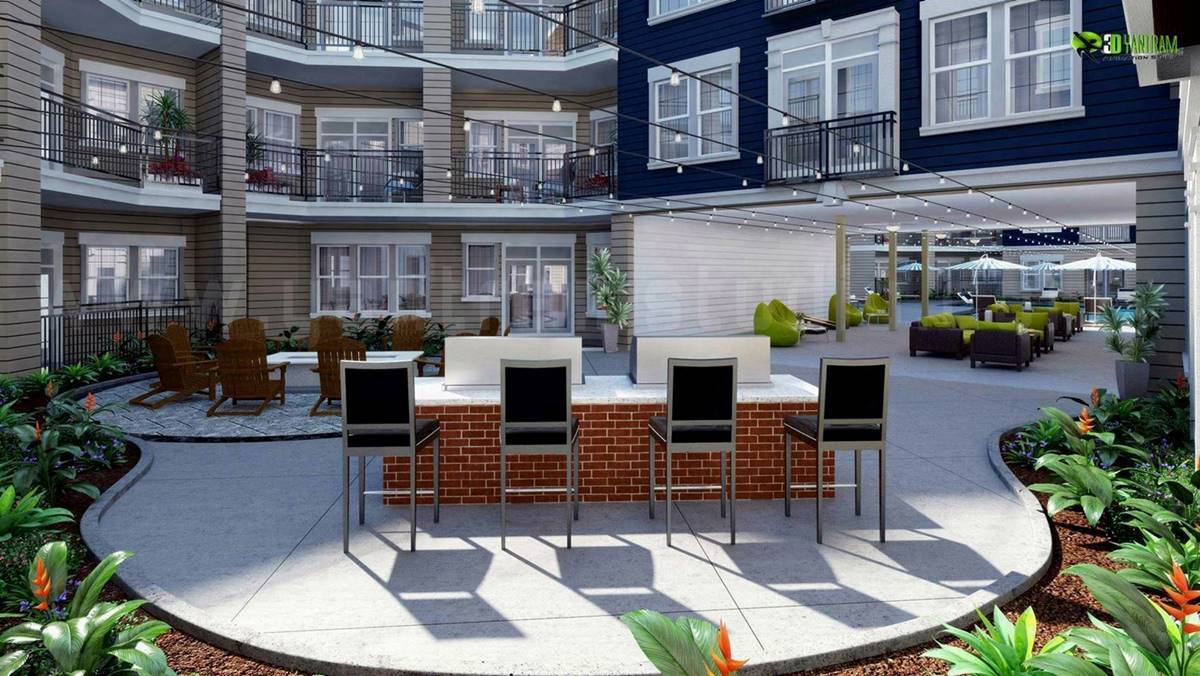 3D Exterior Courtyard Design Rendering
