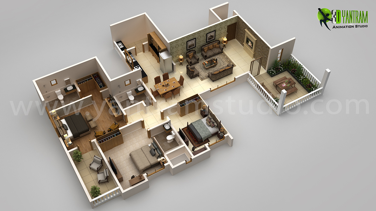 3BHK Modern 3D Floor Plan Design For Home