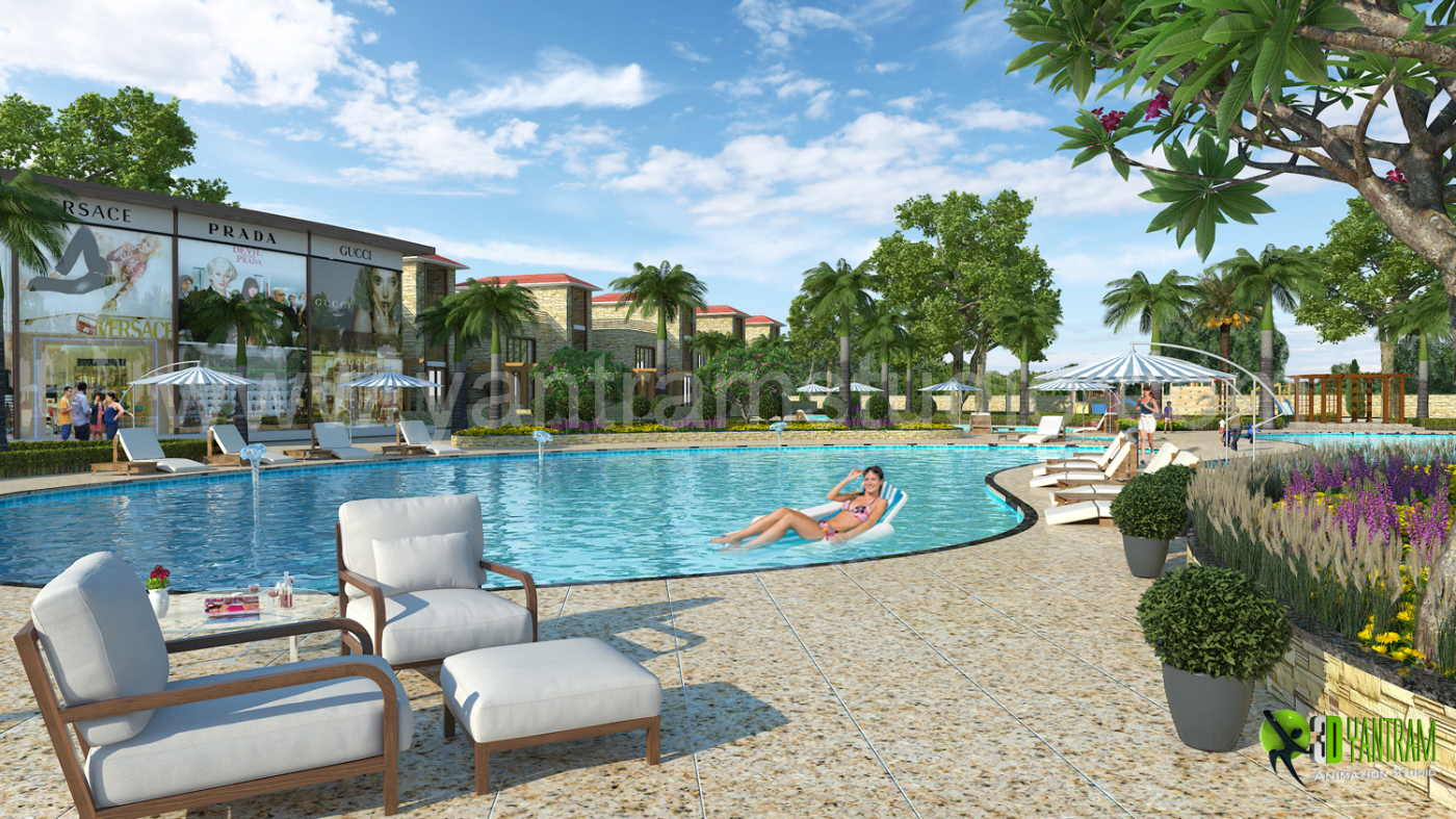 3D Exterior Rendering Resort and Swimming Pool