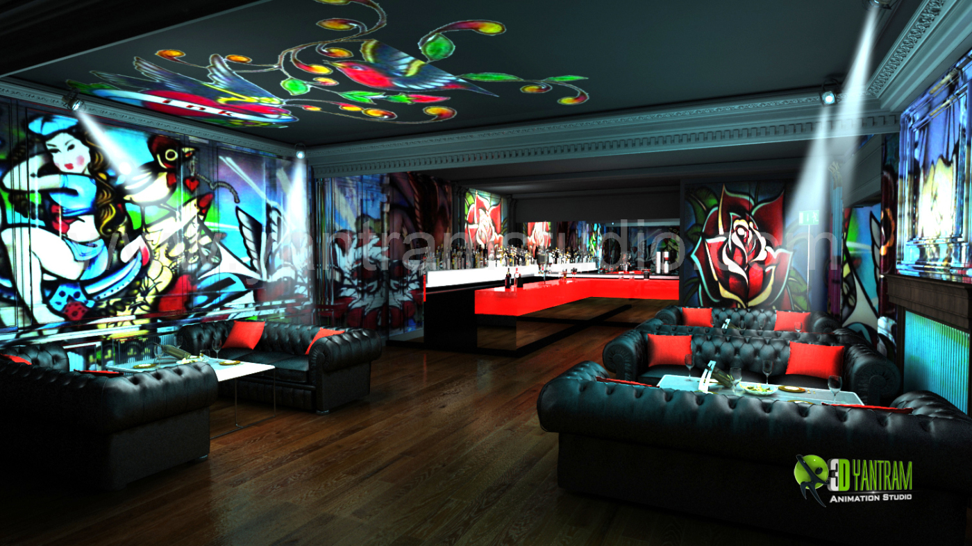 3D Interior Design Rendering for Commercial Night View Pub bar