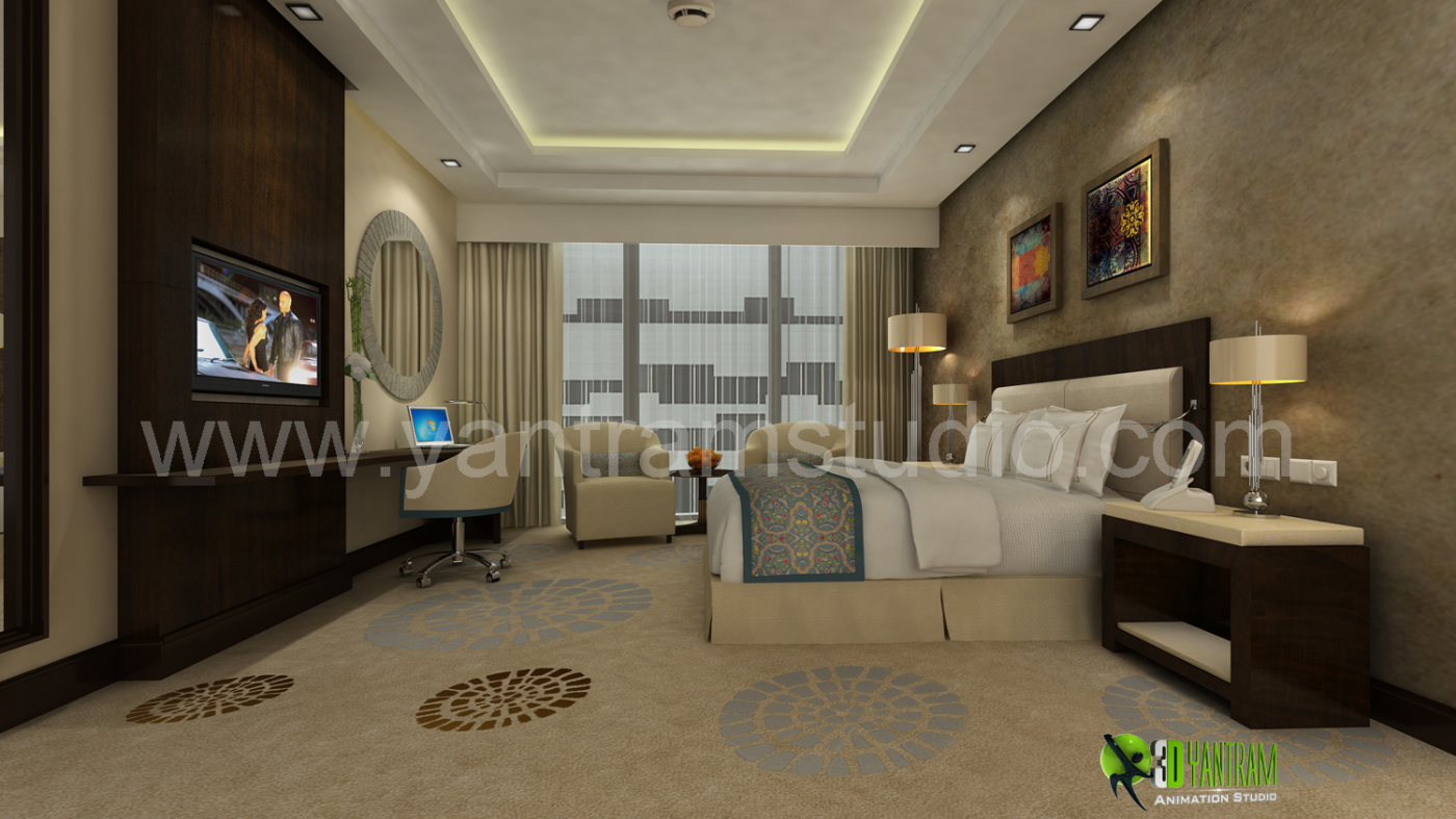 3D Classic Interior Design Rendering for Hotel Bedroom