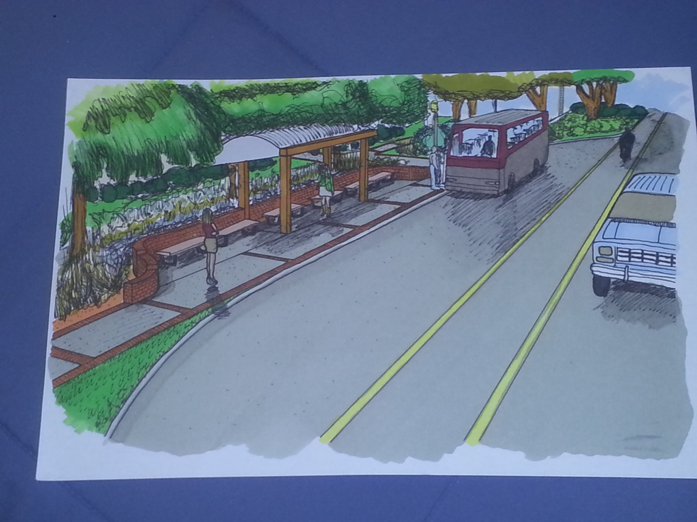 Hand drawn perspective of proposed bus stop
