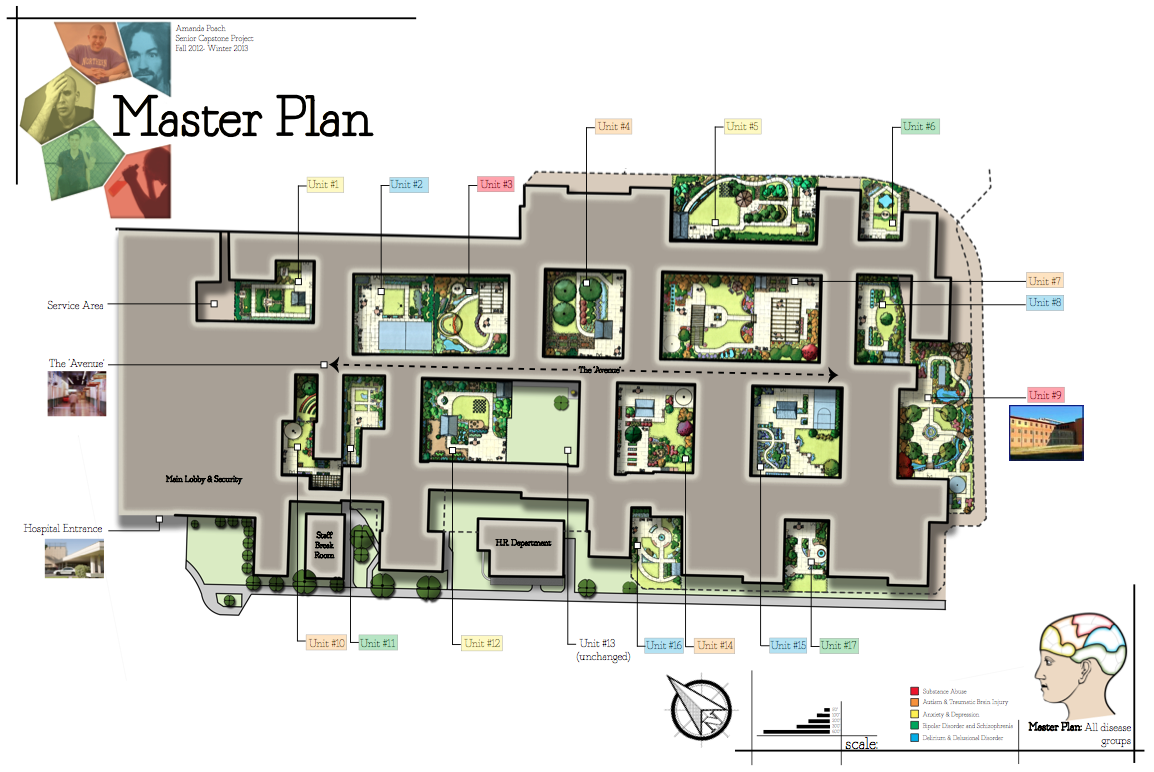 Senior Project- Master Plan, All 17 Courtyards of 17 Psychiatric Units of Atascadero State Hospital